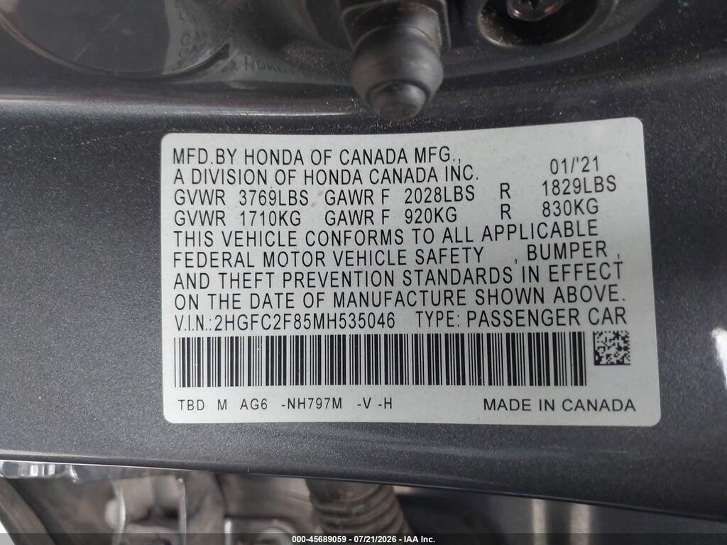 2HGFC2F85MH535046 2021 HONDA CIVIC photo no. 9