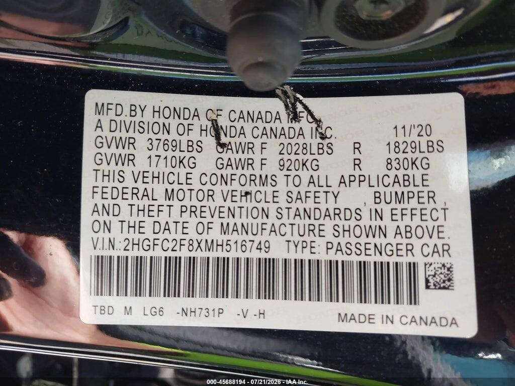 2HGFC2F8XMH516749 2021 HONDA CIVIC photo no. 9