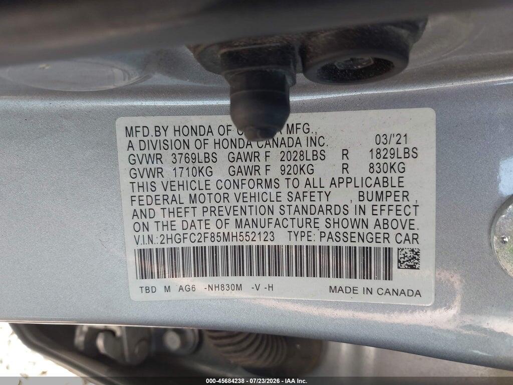 2HGFC2F85MH552123 2021 HONDA CIVIC photo no. 9