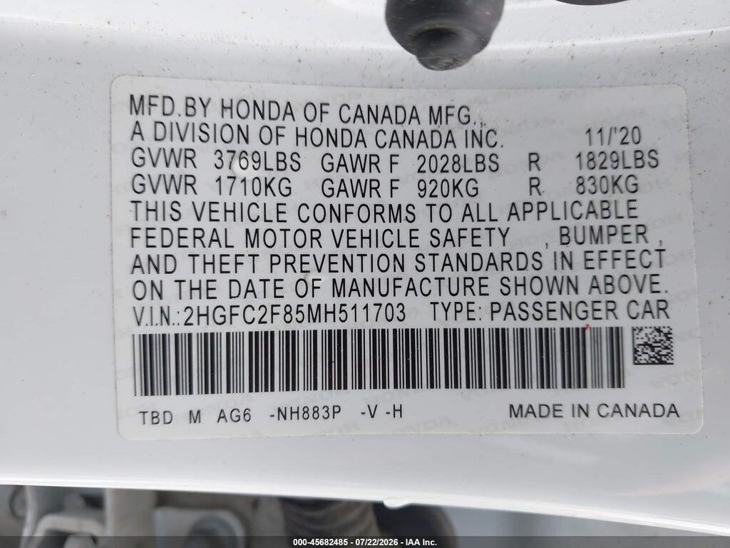 2HGFC2F85MH511703 2021 HONDA CIVIC photo no. 9