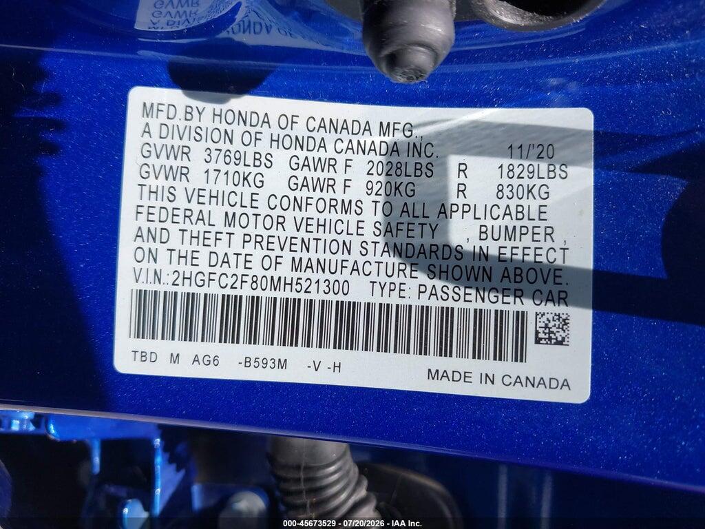 2HGFC2F80MH521300 2021 HONDA CIVIC photo no. 9