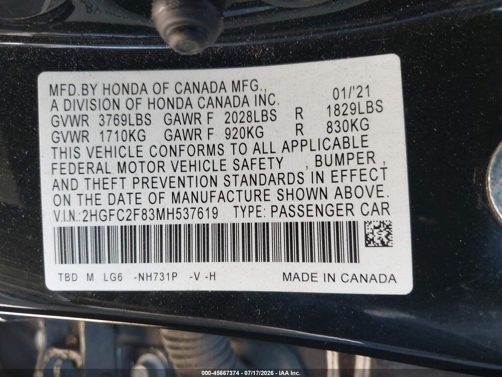 2HGFC2F83MH537619 2021 HONDA CIVIC photo no. 9