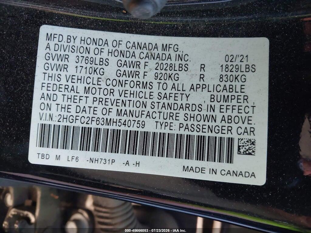 2HGFC2F63MH540759 2021 HONDA CIVIC photo no. 9