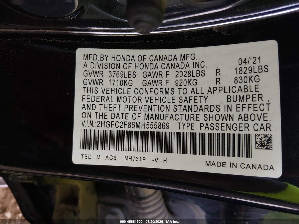 2HGFC2F86MH555869 2021 HONDA CIVIC photo no. 9