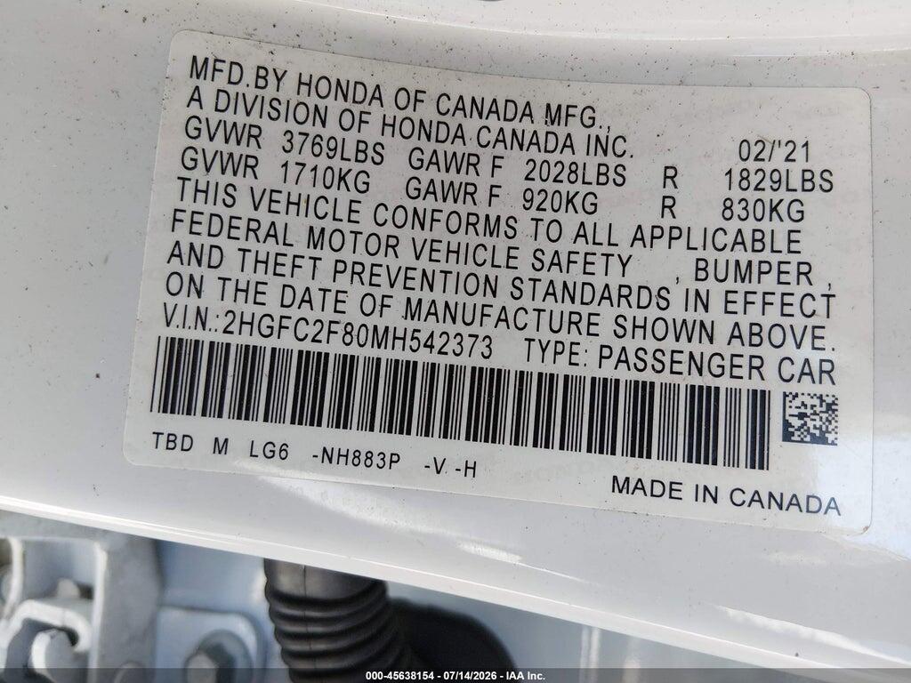 2HGFC2F80MH542373 2021 HONDA CIVIC photo no. 9