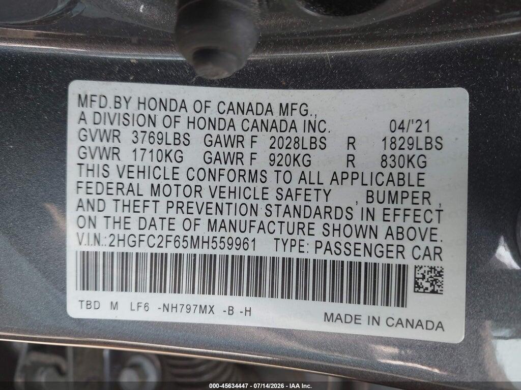 2HGFC2F65MH559961 2021 HONDA CIVIC photo no. 9