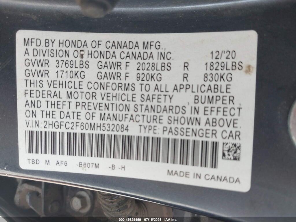 2HGFC2F60MH532084 2021 HONDA CIVIC photo no. 9
