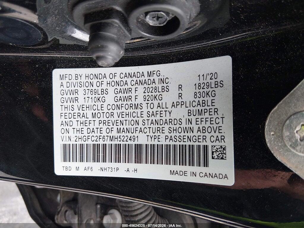 2HGFC2F67MH522491 2021 HONDA CIVIC photo no. 9