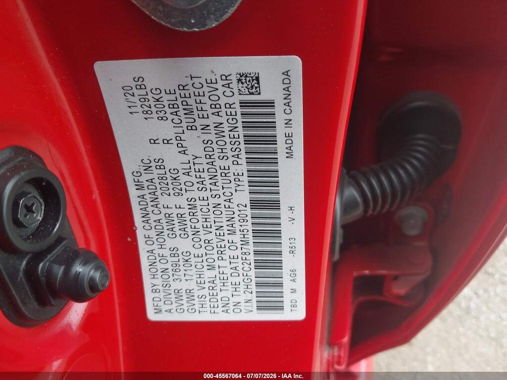 2HGFC2F87MH519012 2021 HONDA CIVIC photo no. 9