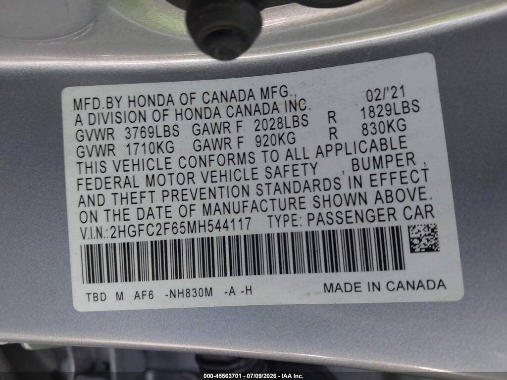 2HGFC2F65MH544117 2021 HONDA CIVIC photo no. 9