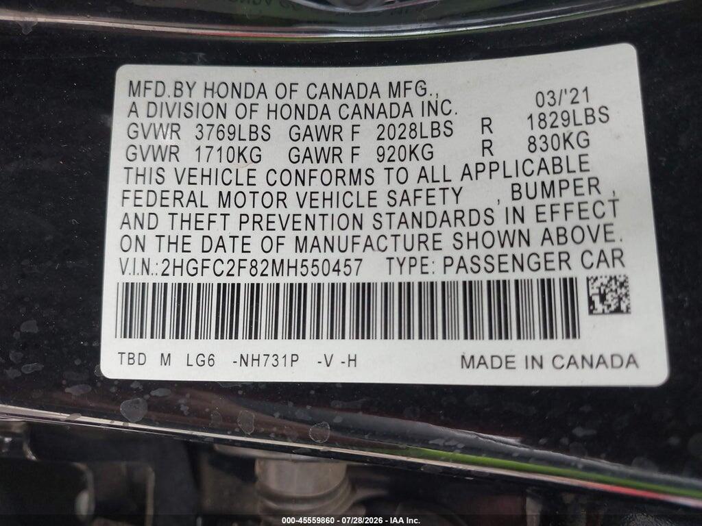 2HGFC2F82MH550457 2021 HONDA CIVIC photo no. 9