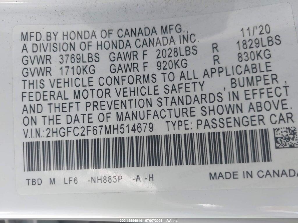 2HGFC2F67MH514679 2021 HONDA CIVIC photo no. 9