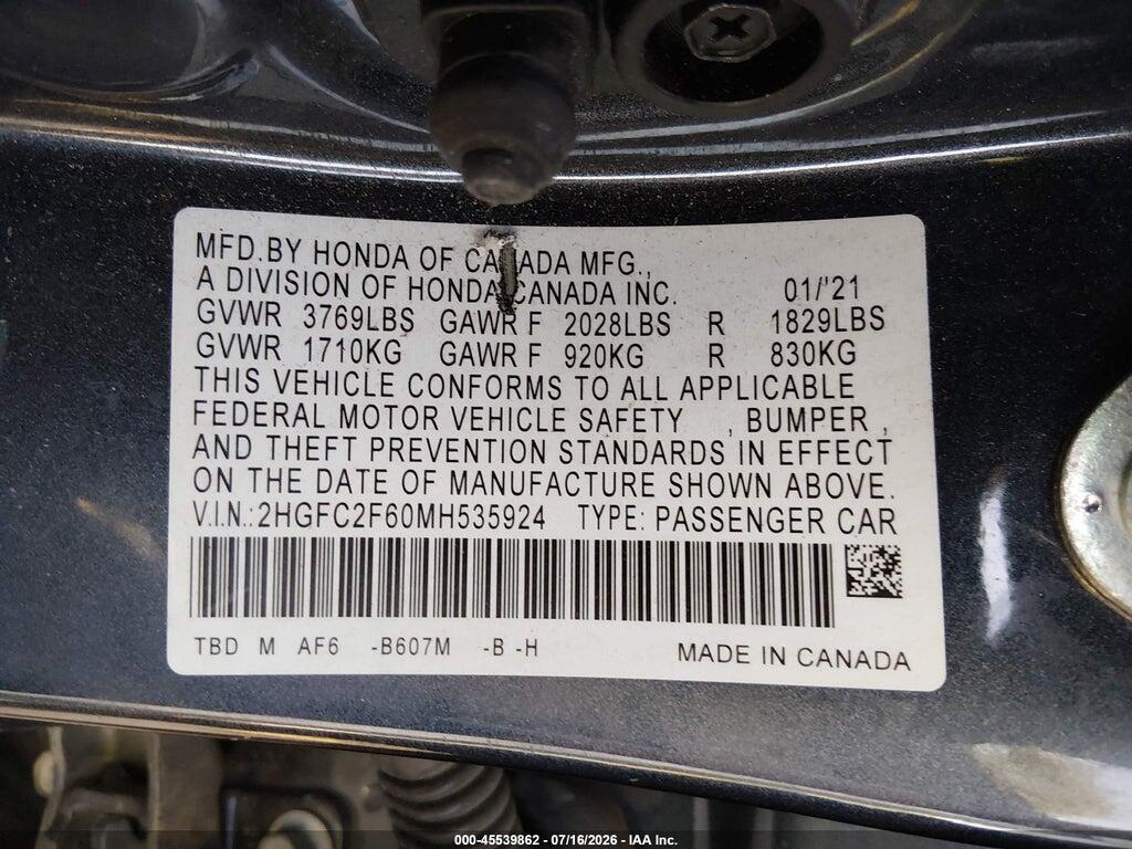 2HGFC2F60MH535924 2021 HONDA CIVIC photo no. 9