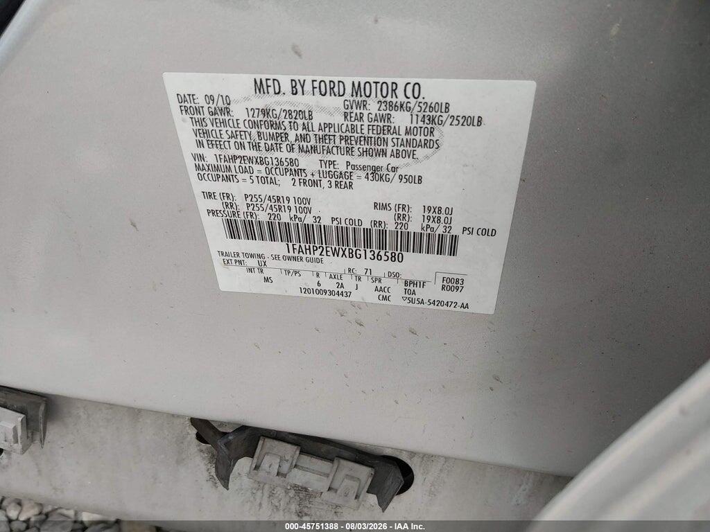 1FAHP2EWXBG136580 2011 FORD TAURUS photo no. 9