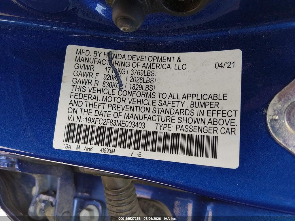 19XFC2F83ME003403 2021 HONDA CIVIC photo no. 9