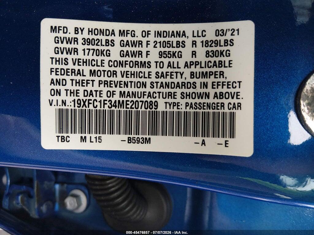 19XFC1F34ME207089 2021 HONDA CIVIC photo no. 9