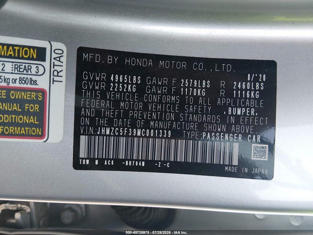 JHMZC5F39MC001339 2021 HONDA CLARITY PLUG-IN HYBRID photo no. 9