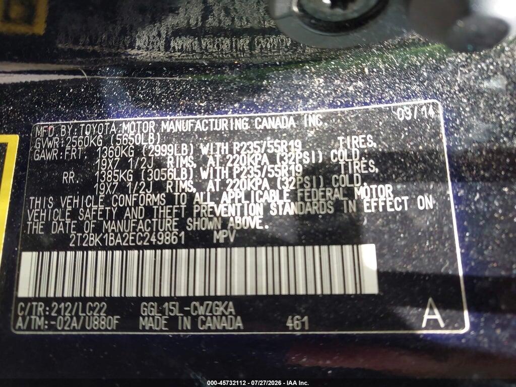 2T2BK1BA2EC249861 2014 LEXUS RX 350 photo no. 9