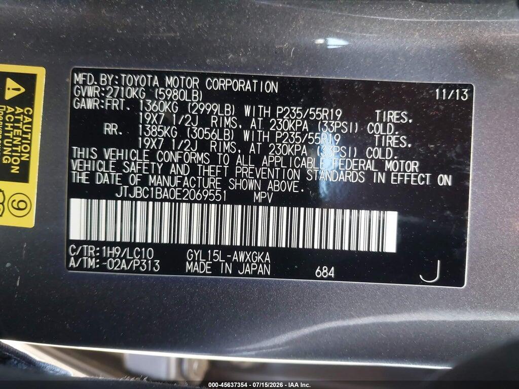 JTJBC1BA0E2069551 2014 LEXUS RX 450H photo no. 9