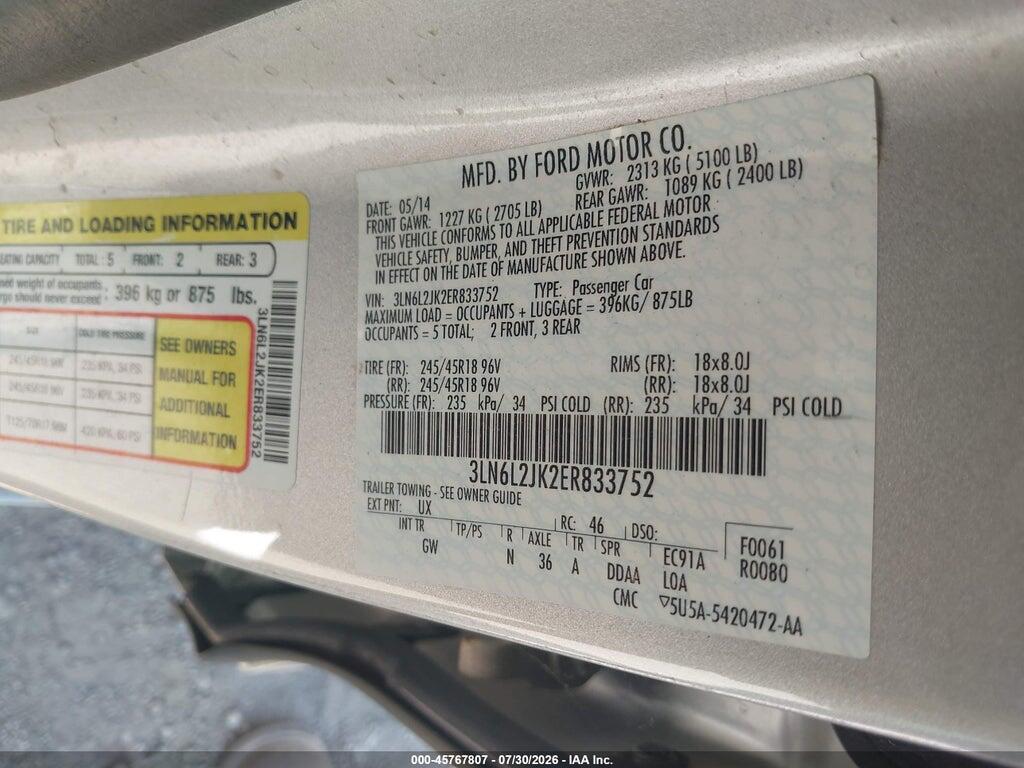 3LN6L2JK2ER833752 2014 LINCOLN MKZ photo no. 9