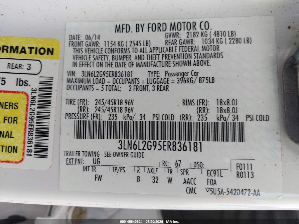 3LN6L2G95ER836181 2014 LINCOLN MKZ photo no. 9