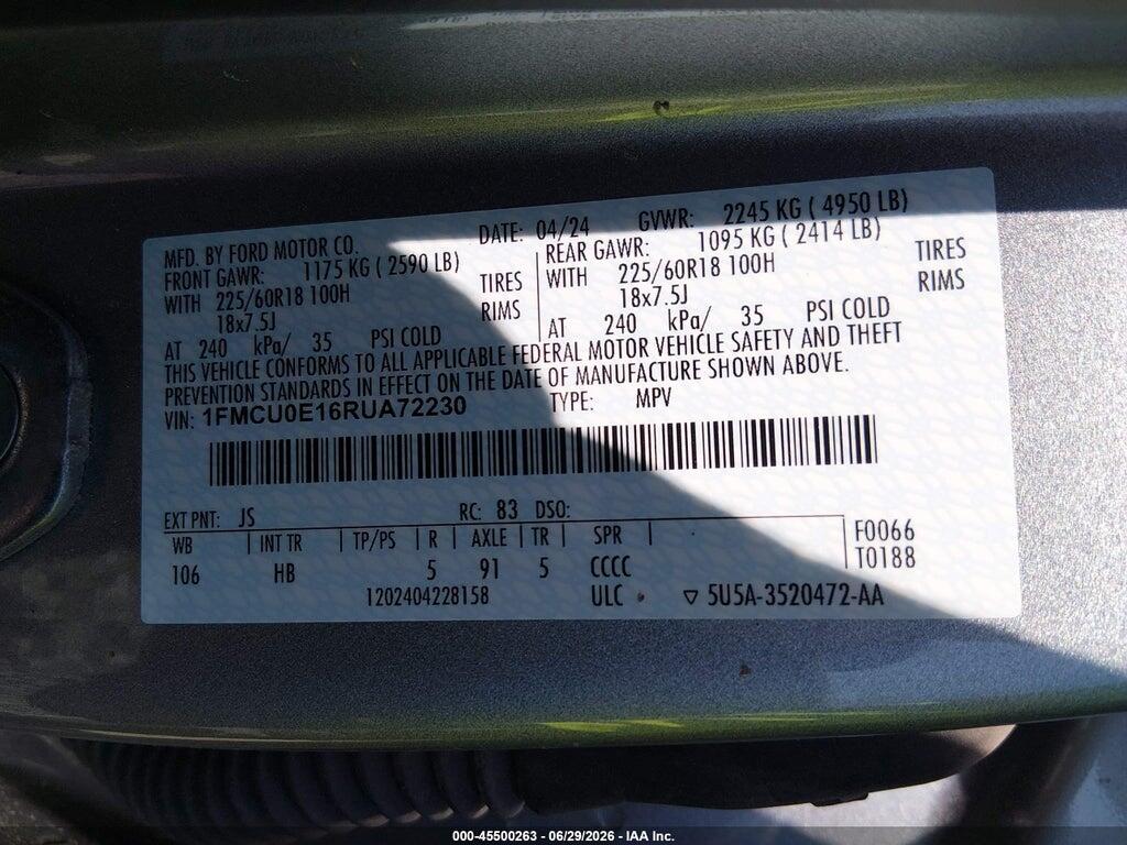 1FMCU0E16RUA72230 2024 FORD ESCAPE photo no. 9