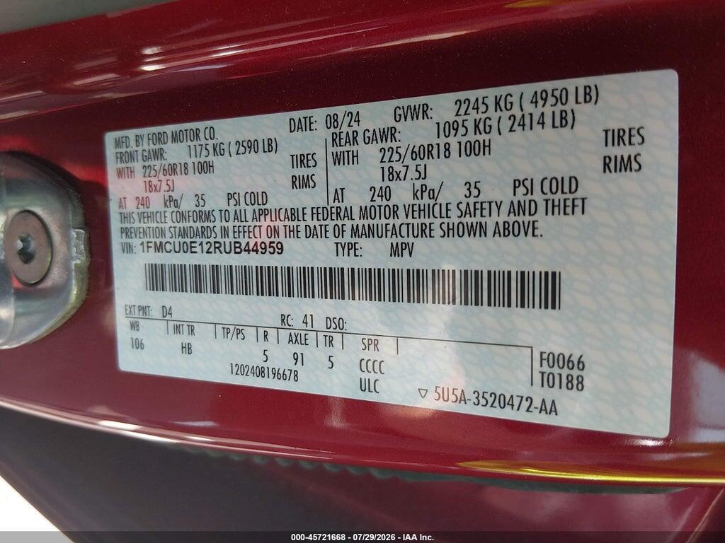 1FMCU0E12RUB44959 2024 FORD ESCAPE photo no. 9