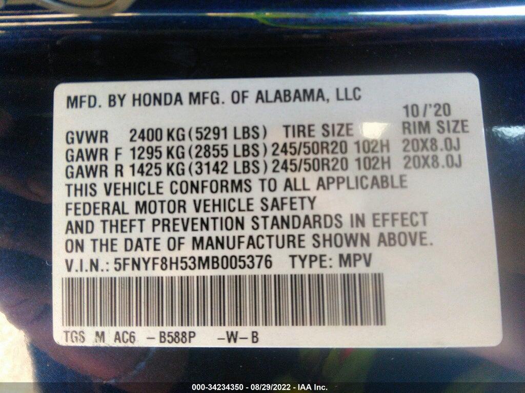 5FNYF8H53MB005376 2021 HONDA PASSPORT photo no. 9