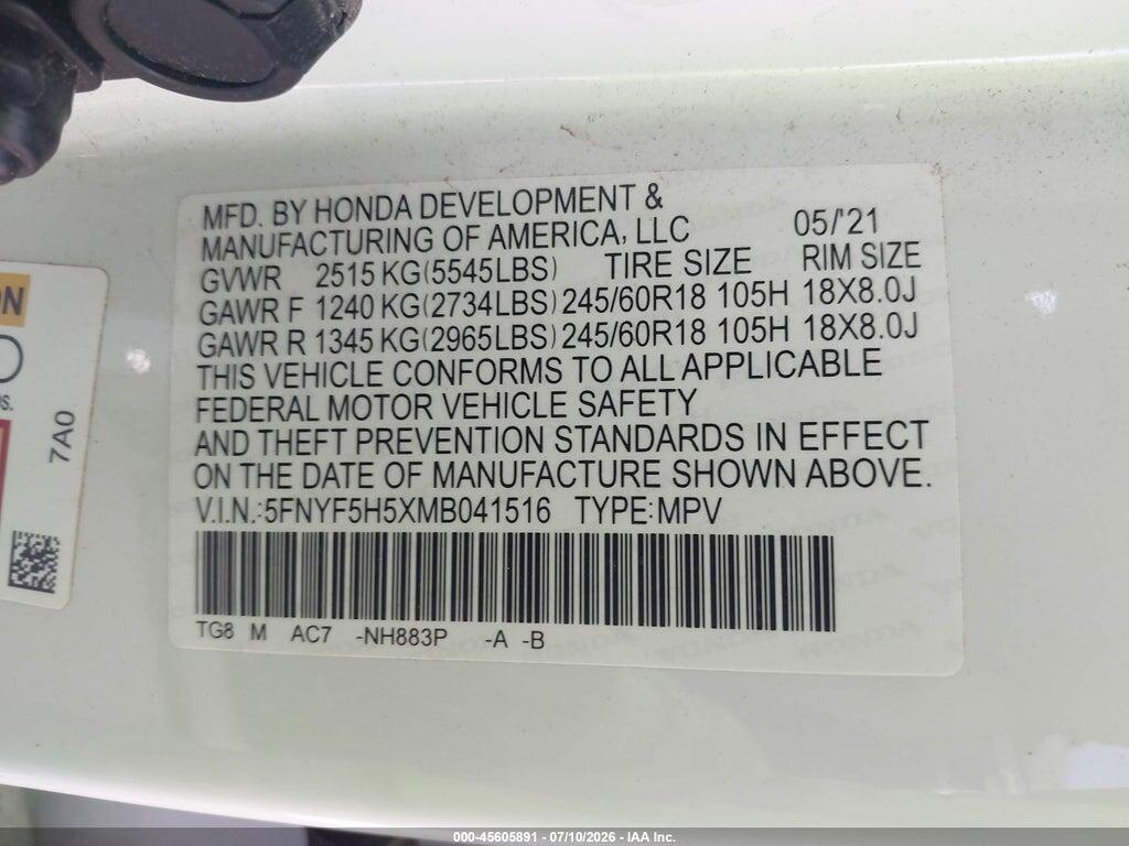 5FNYF5H5XMB041516 2021 HONDA PILOT photo no. 9