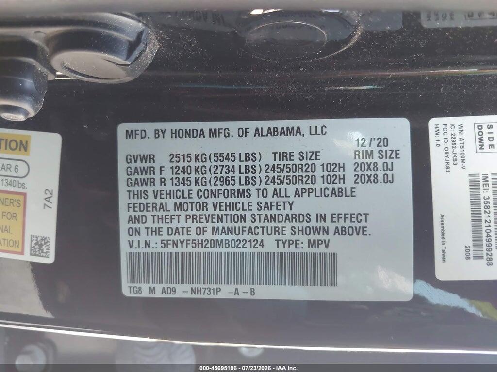 5FNYF5H20MB022124 2021 HONDA PILOT photo no. 9