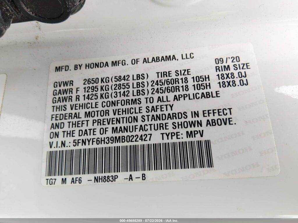 5FNYF6H39MB022427 2021 HONDA PILOT photo no. 9