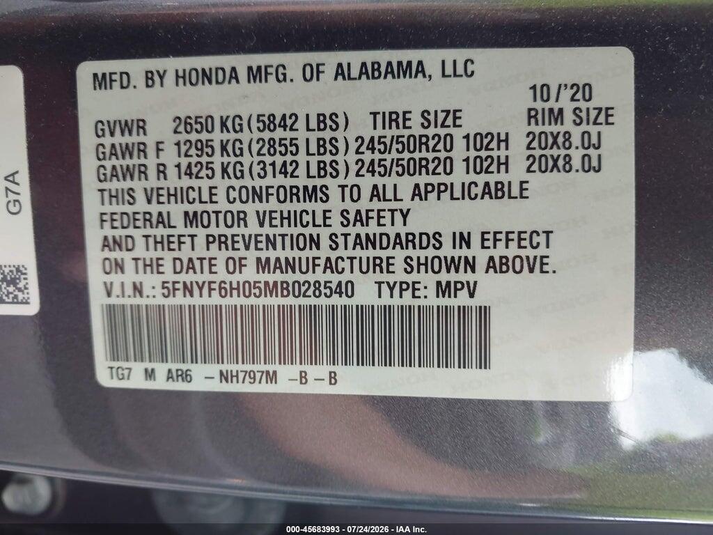 5FNYF6H05MB028540 2021 HONDA PILOT photo no. 9