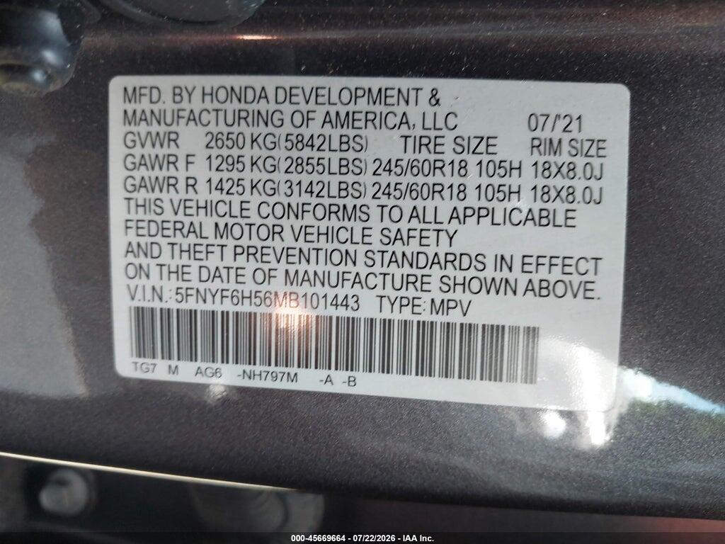 5FNYF6H56MB101443 2021 HONDA PILOT photo no. 9