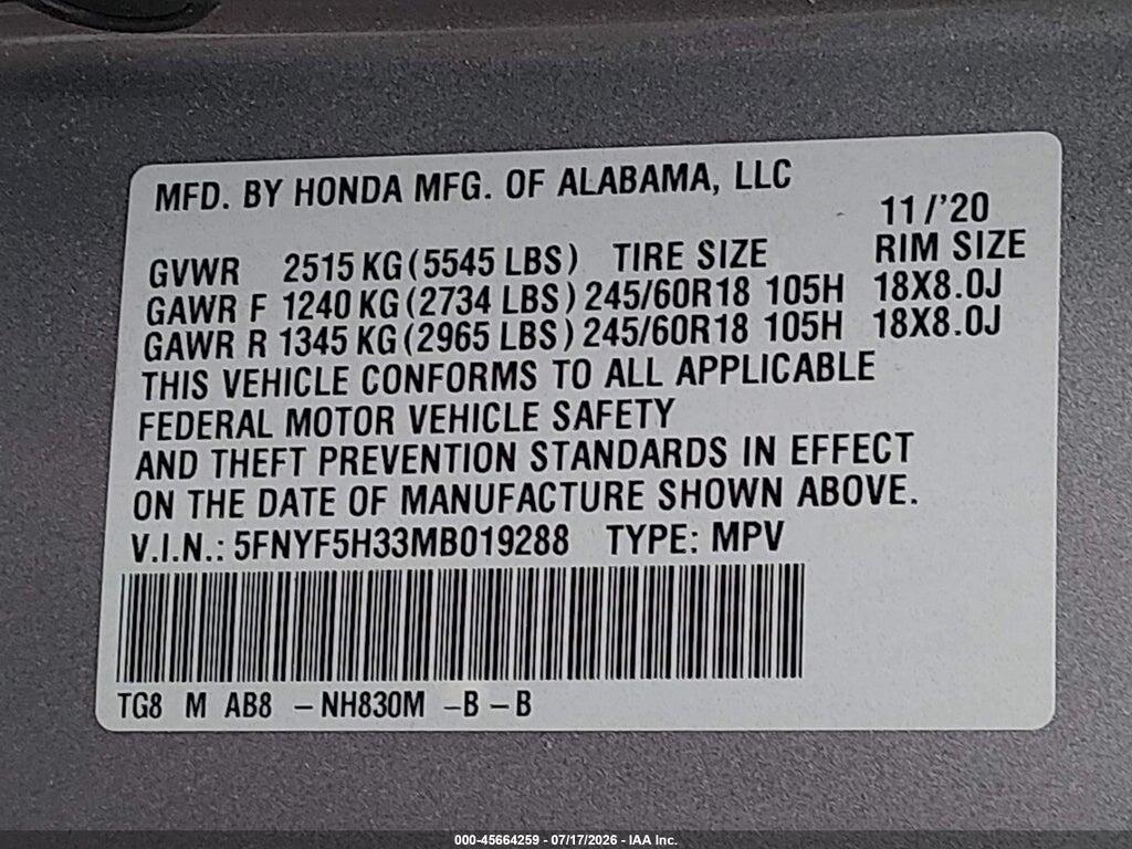 5FNYF5H33MB019288 2021 HONDA PILOT photo no. 9
