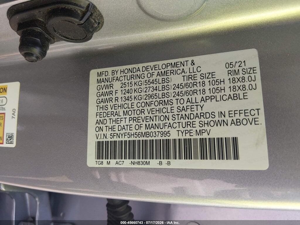 5FNYF5H56MB037995 2021 HONDA PILOT photo no. 9