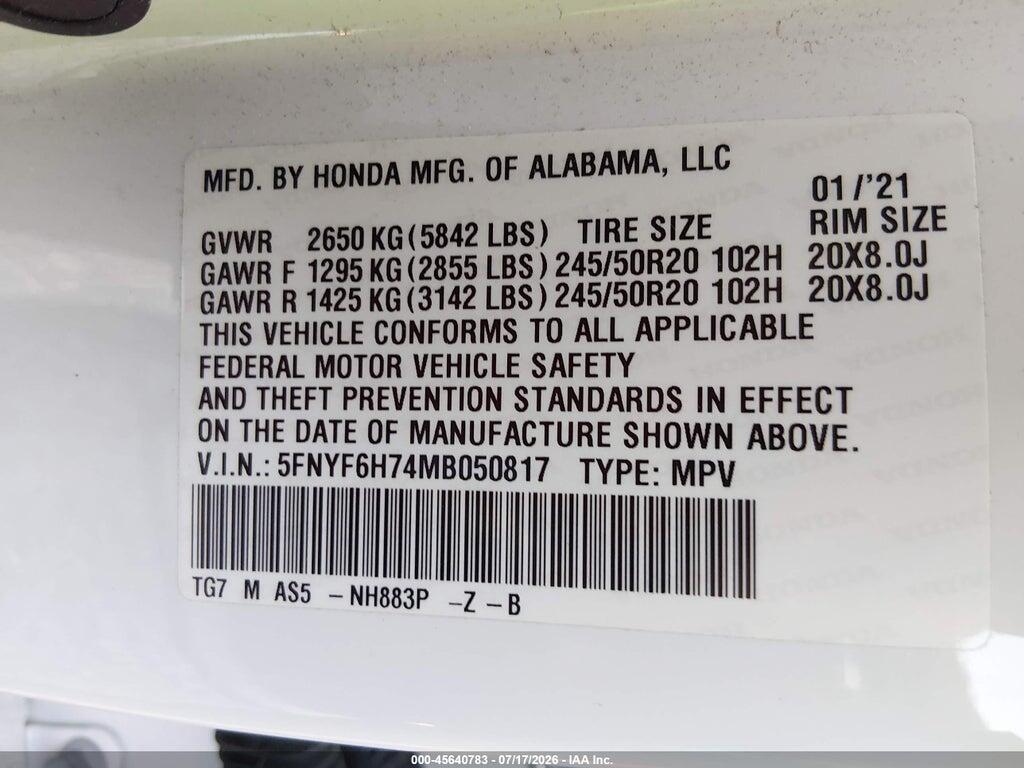 5FNYF6H74MB050817 2021 HONDA PILOT photo no. 9
