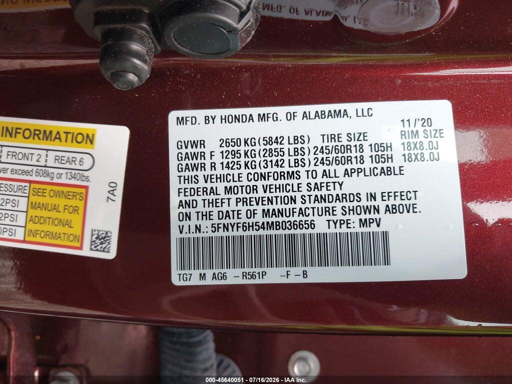 5FNYF6H54MB036656 2021 HONDA PILOT photo no. 9
