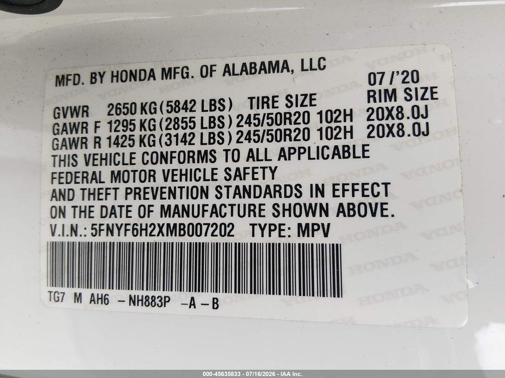 5FNYF6H2XMB007202 2021 HONDA PILOT photo no. 9