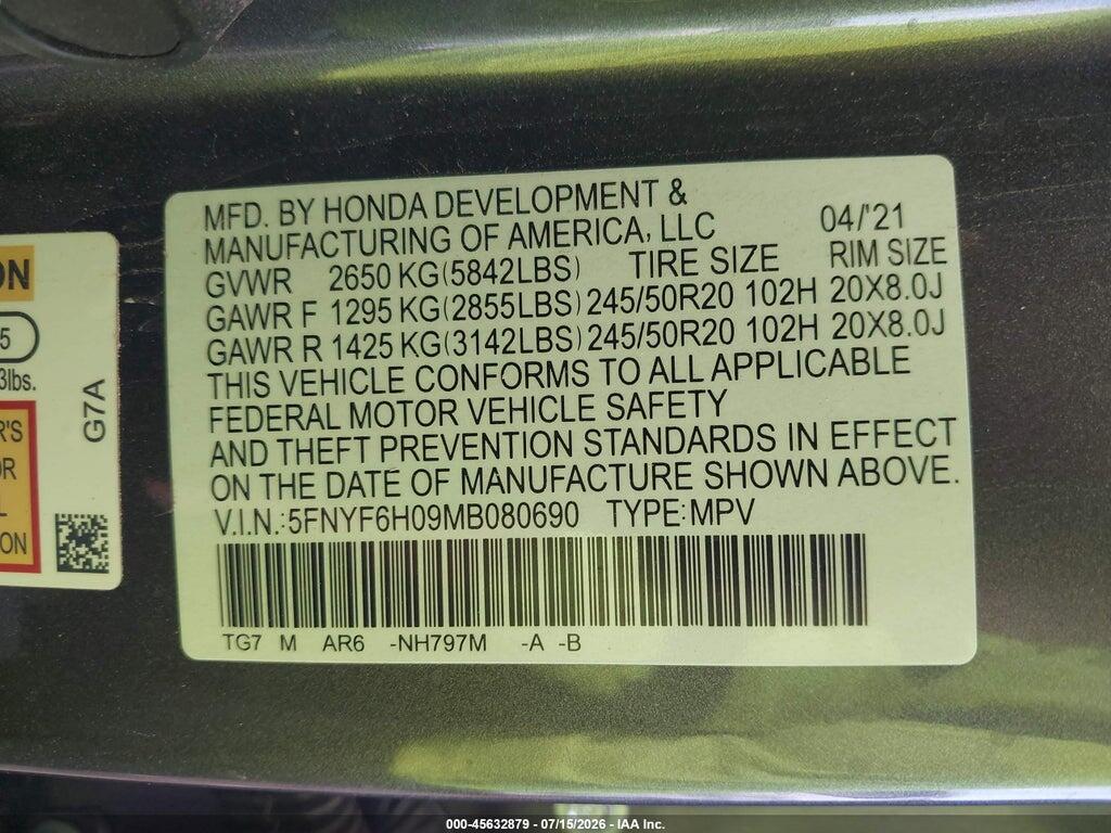 5FNYF6H09MB080690 2021 HONDA PILOT photo no. 9