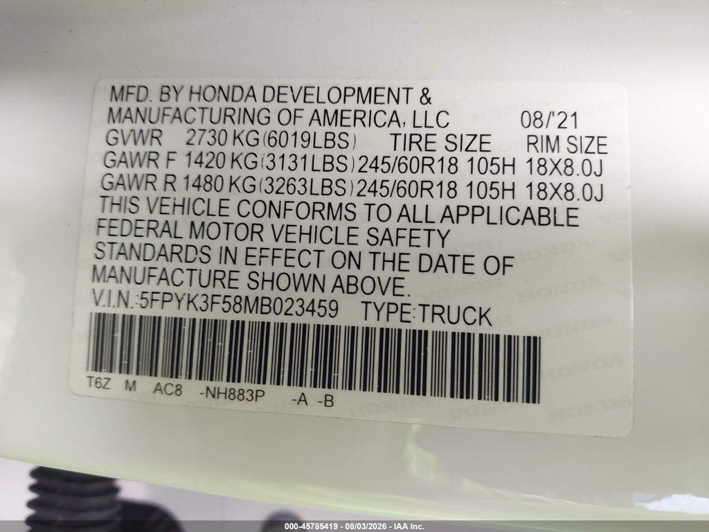 5FPYK3F58MB023459 2021 HONDA RIDGELINE photo no. 9