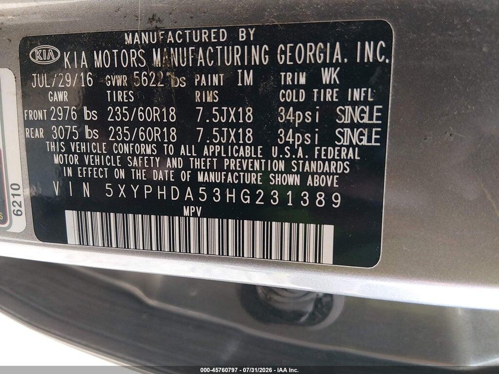 5XYPHDA53HG231389 2017 KIA SORENTO photo no. 9