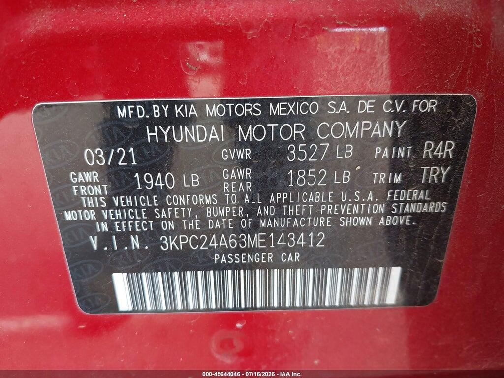 3KPC24A63ME143412 2021 HYUNDAI ACCENT photo no. 9