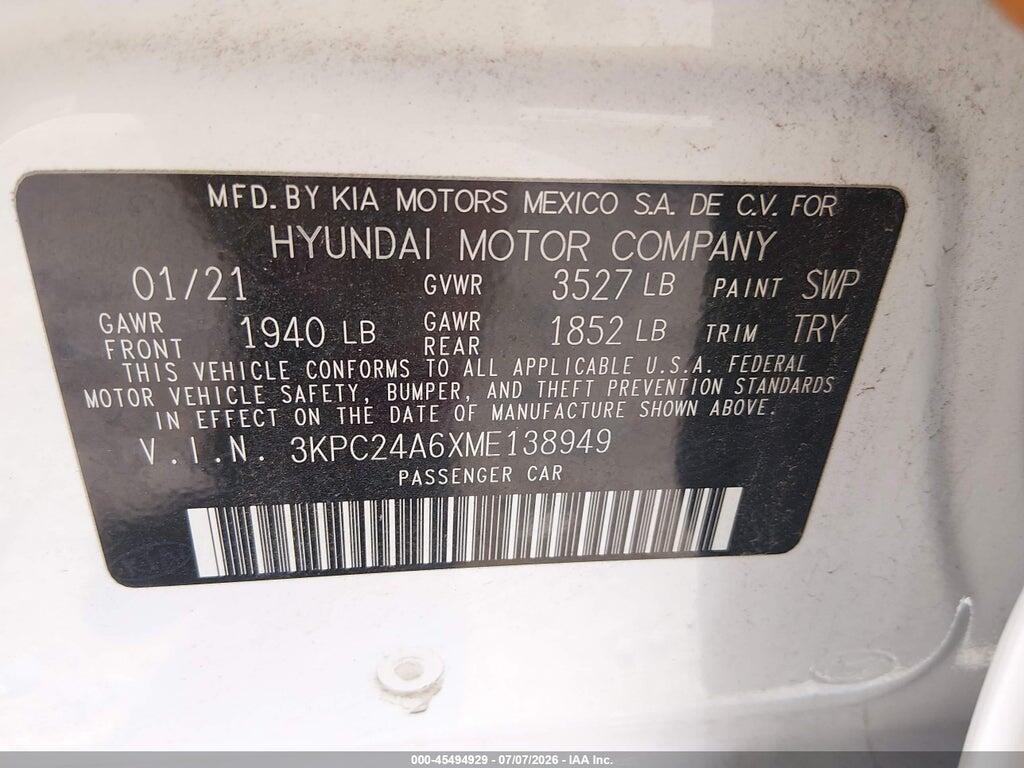 3KPC24A6XME138949 2021 HYUNDAI ACCENT photo no. 9