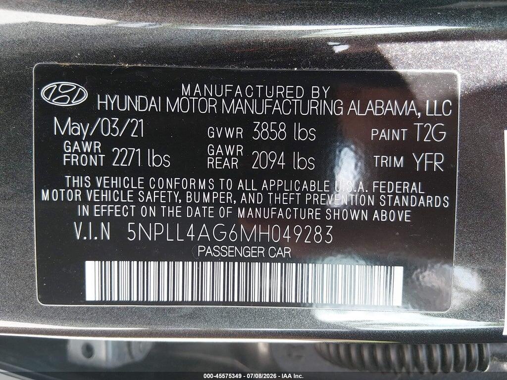 5NPLL4AG6MH049283 2021 HYUNDAI ELANTRA photo no. 9