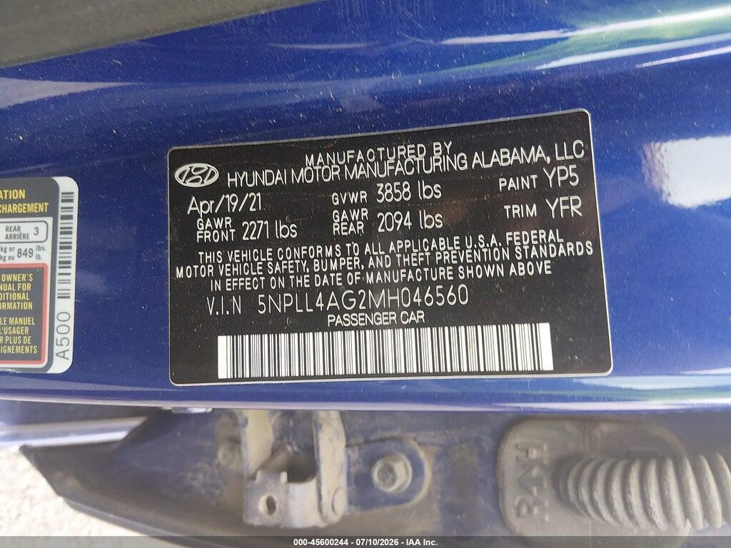 5NPLL4AG2MH046560 2021 HYUNDAI ELANTRA photo no. 9