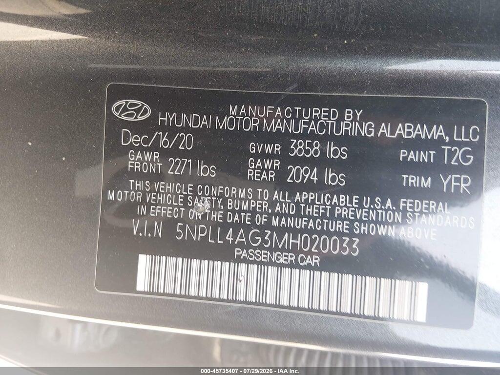 5NPLL4AG3MH020033 2021 HYUNDAI ELANTRA photo no. 9