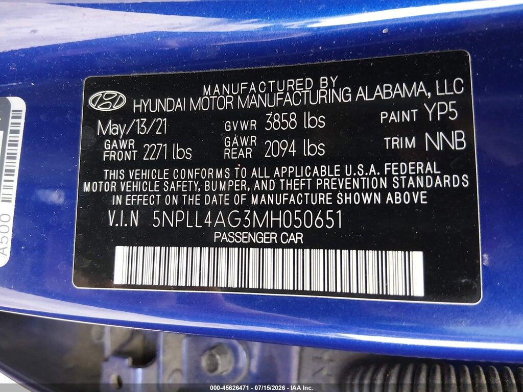 5NPLL4AG3MH050651 2021 HYUNDAI ELANTRA photo no. 9