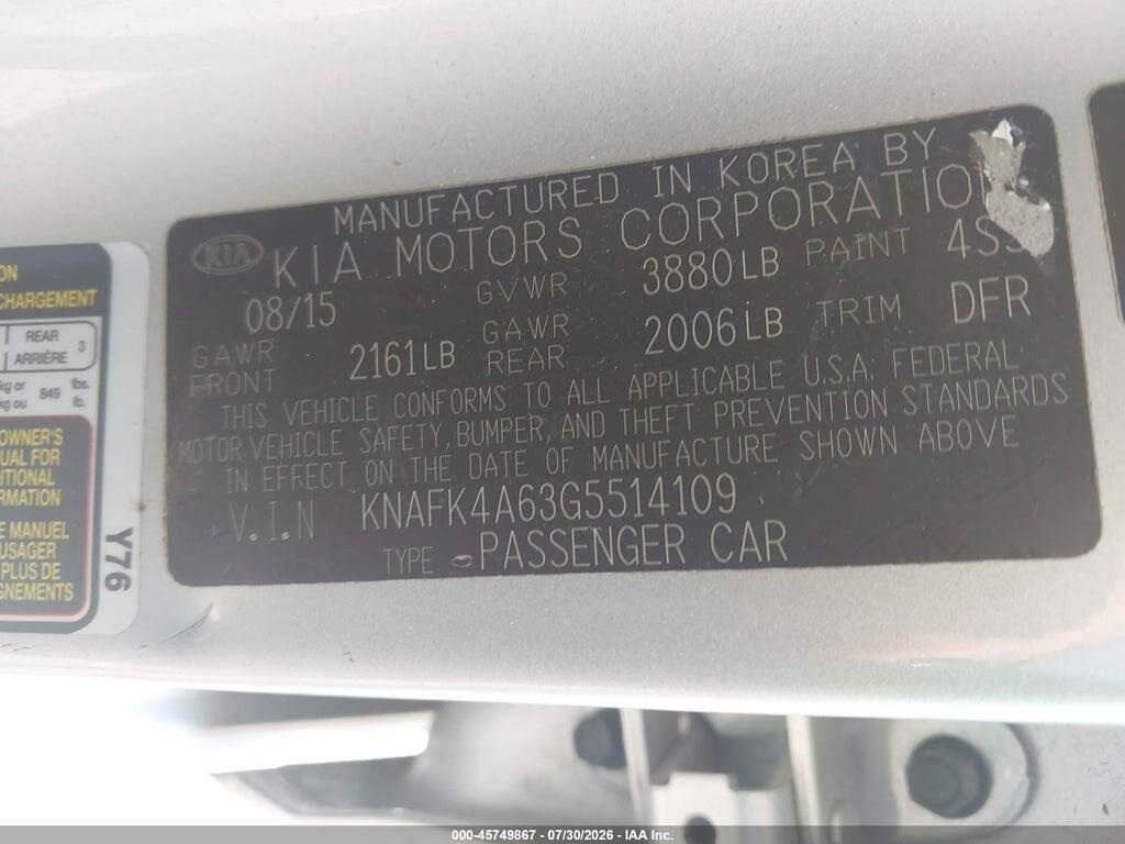 KNAFK4A63G5514109 2016 KIA FORTE photo no. 9