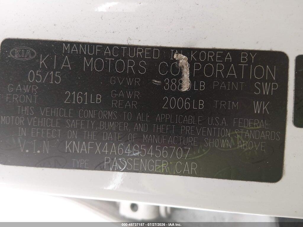 KNAFX4A64G5456707 2016 KIA FORTE photo no. 9