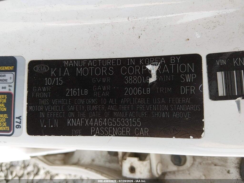 KNAFX4A64G5533155 2016 KIA FORTE photo no. 9